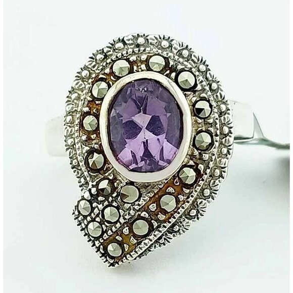 Genuine 1.50 Cts Amethyst & Lab Marcasite Ring .925 Sterling Silver - Picture 1 of 5